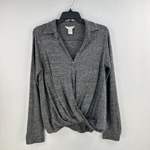 Sundance Top Womens Small Gray Black 100% Cotton Twisted Hem Heather Long Sleeve